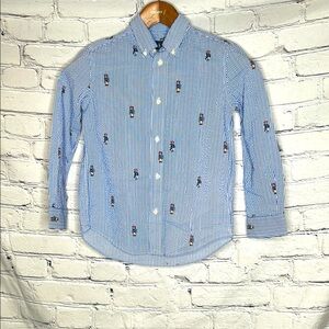 Ralph Lauren Blue White Seersucker Polo Bear Button Down Shirt Boy’s Size 7